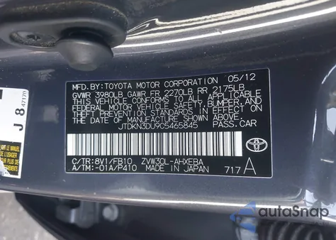 2012 Toyota Prius Three z USA, uszkodzony, nr VIN JTDKN3DU9C5465845